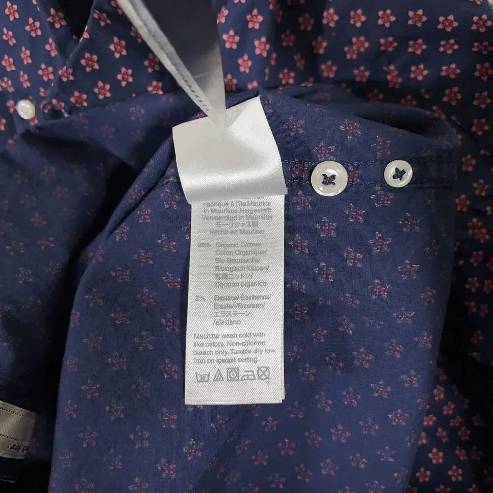 J Crew Adult Shirt Large Tall Blue Red Button Up Floral Stretch Classic Mens